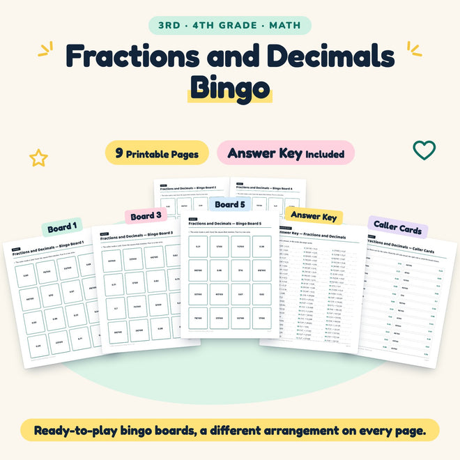 Fractions and Decimals Bingo | 3rd–4th Grade Math (9 Pages) — cover