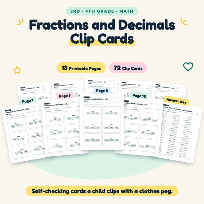Fractions and Decimals Clip Cards | 3rd–4th Grade (72 Cards) — cover