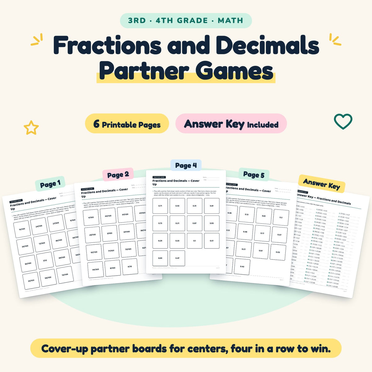 Fractions and Decimals Partner Games | 3rd–4th Grade Math — cover
