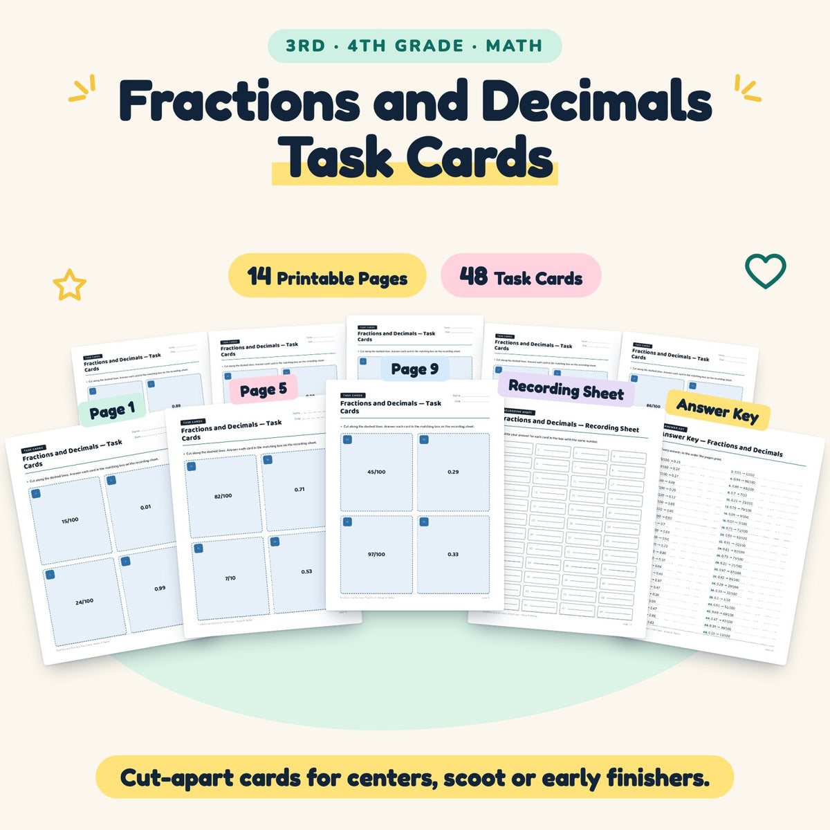 Fractions and Decimals Task Cards | 3rd–4th Grade (48 Cards) — cover
