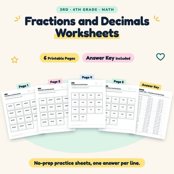 Fractions and Decimals Worksheets | 3rd–4th Grade (6 Pages) — cover