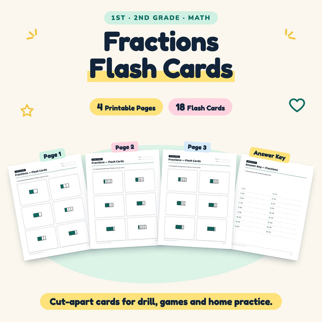 Fractions Flash Cards | 1st–2nd Grade Math (18 Cards) — cover