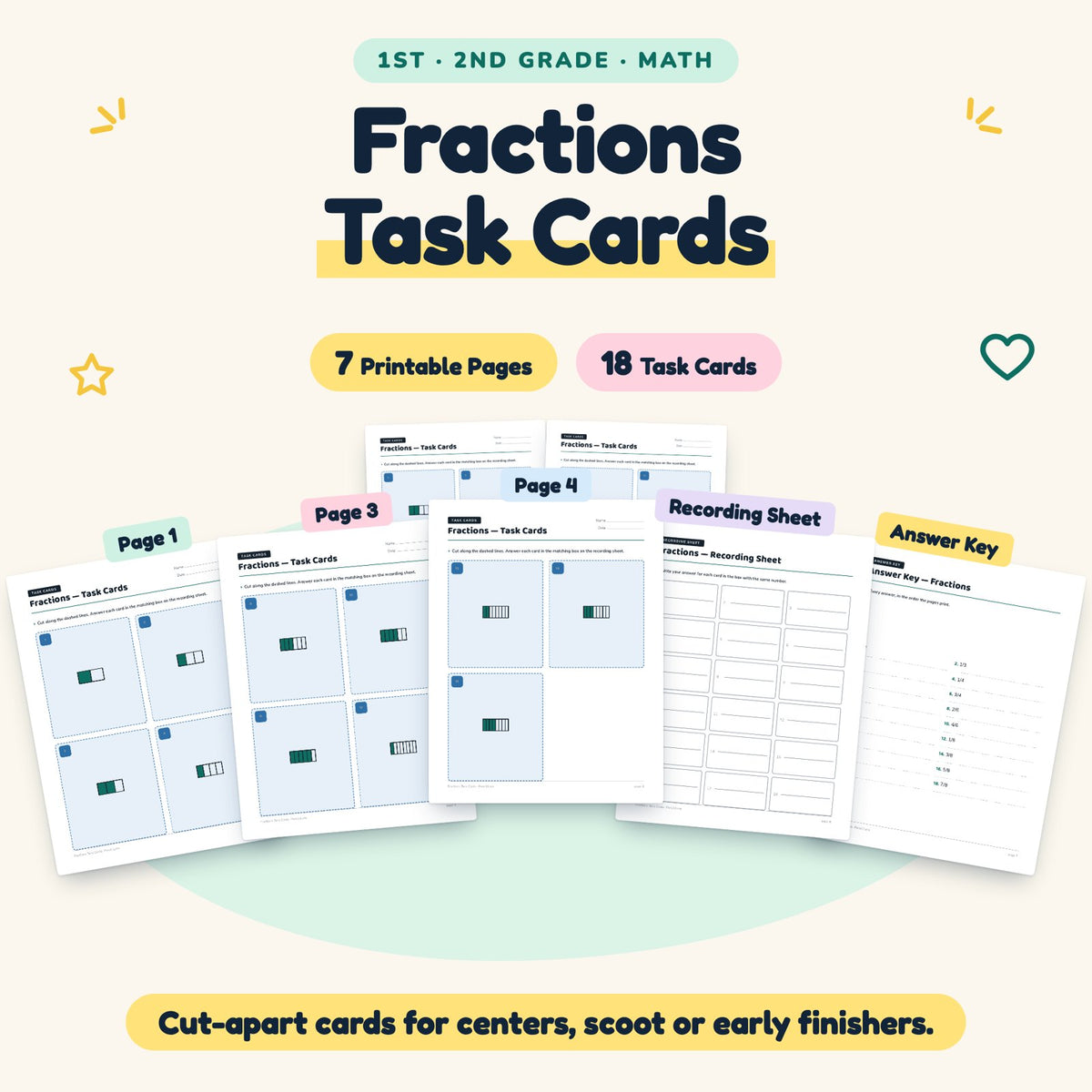 Fractions Task Cards | 1st–2nd Grade Math (18 Cards) — cover