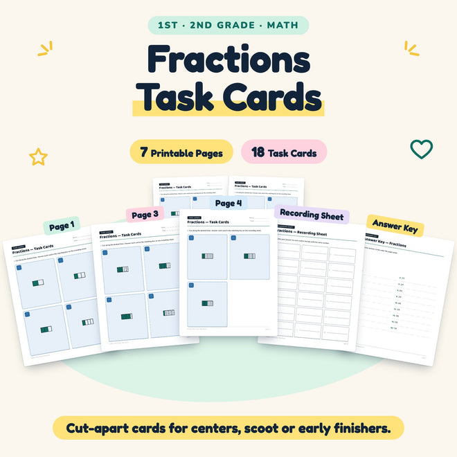 Fractions Task Cards | 1st–2nd Grade Math (18 Cards) — cover