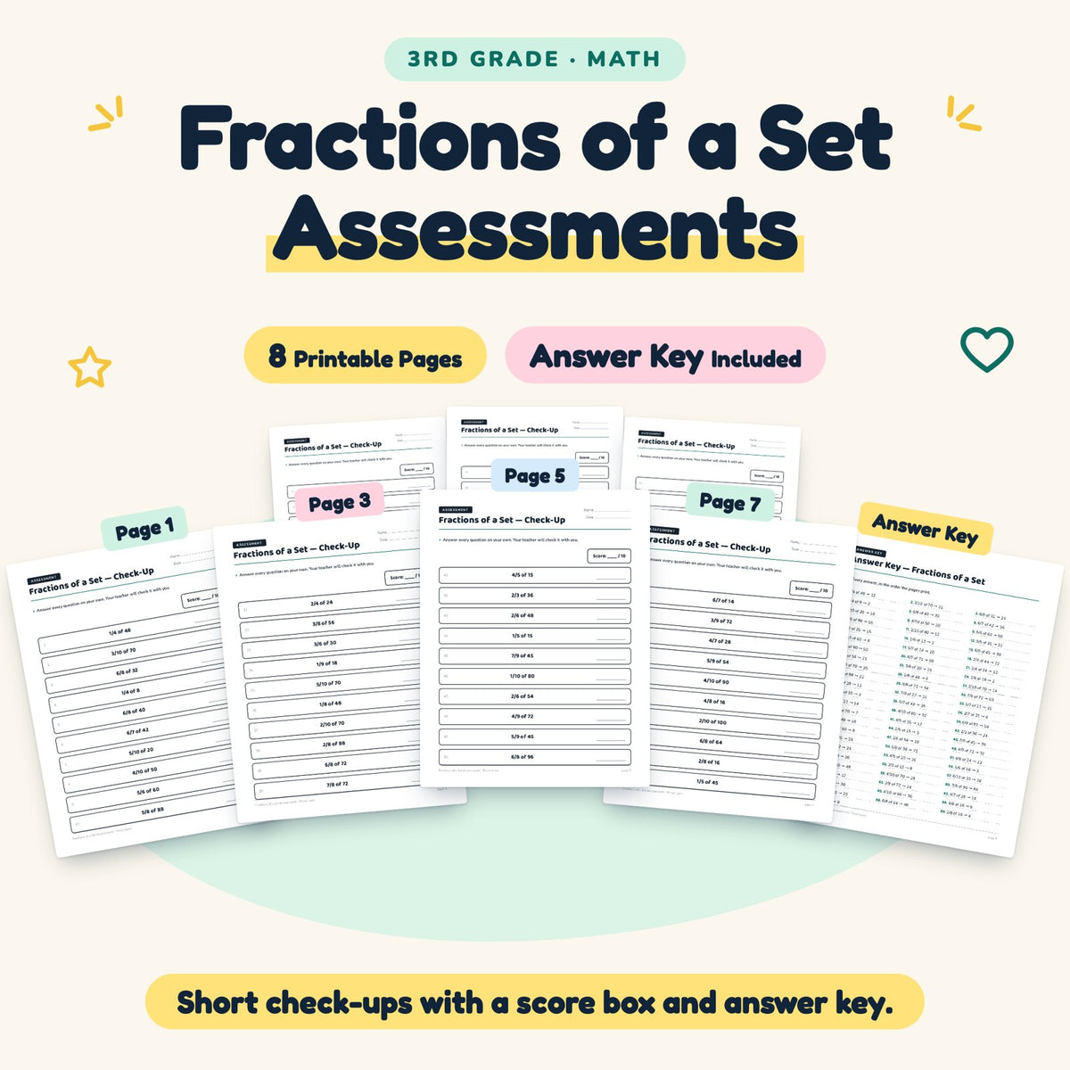 Fractions of a Set Assessments | 3rd Grade Math (7 Pages) — cover