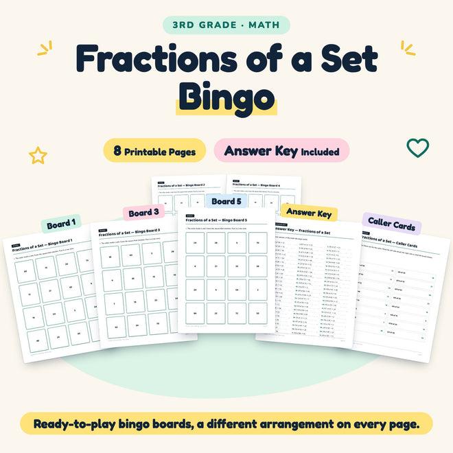 Fractions of a Set Bingo | 3rd Grade Math (8 Pages) — cover