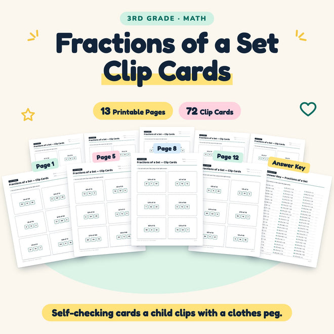 Fractions of a Set Clip Cards | 3rd Grade Math (72 Cards) — cover