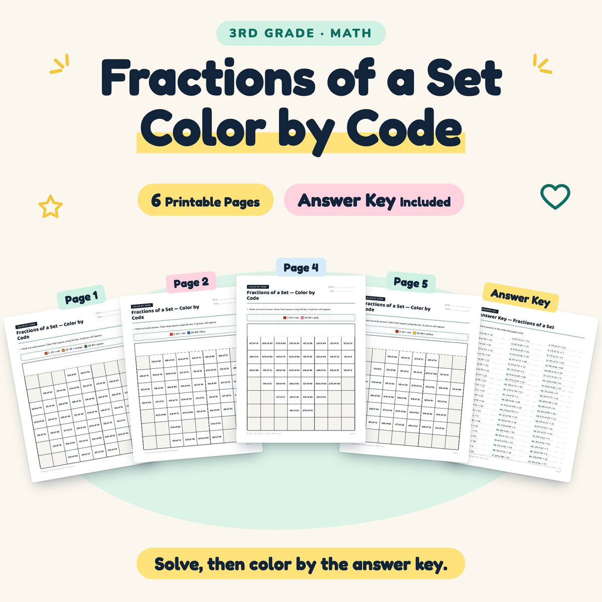 Fractions of a Set Color by Code | 3rd Grade Math (6 Pages) — cover