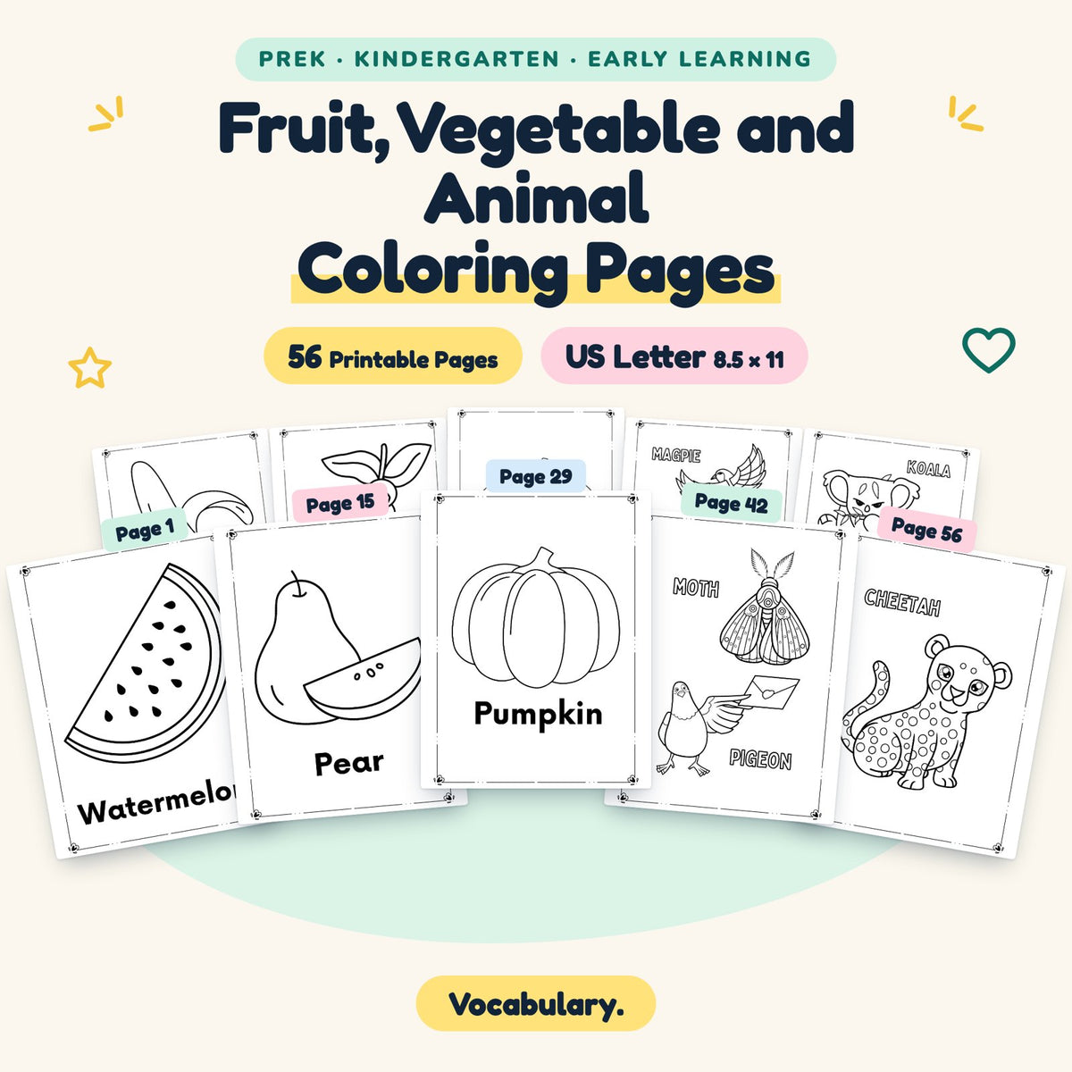 Fruit, Vegetable and Animal Coloring Pages — cover