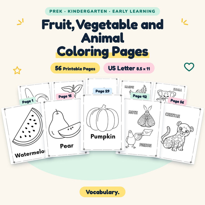 Fruit, Vegetable and Animal Coloring Pages — cover