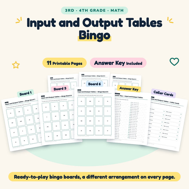 Input and Output Tables Bingo | 3rd–4th Grade (11 Pages) — cover