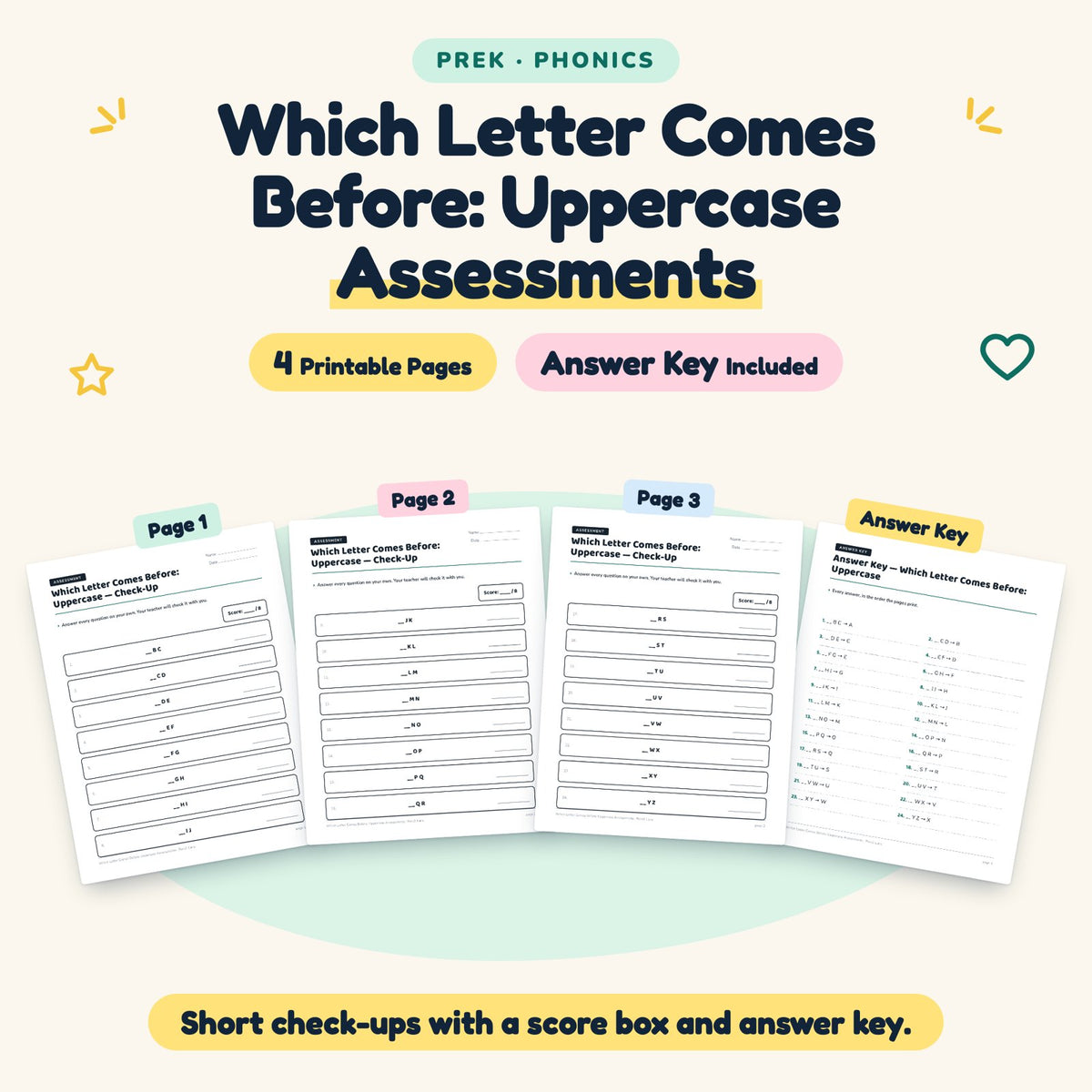 Which Letter Comes Before: Uppercase Assessments | Preschool — cover