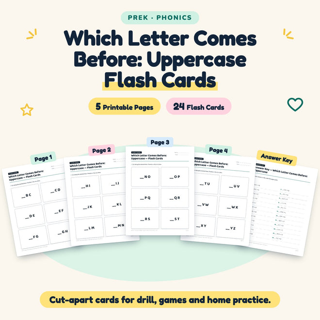 Which Letter Comes Before: Uppercase Flash Cards | Preschool — cover
