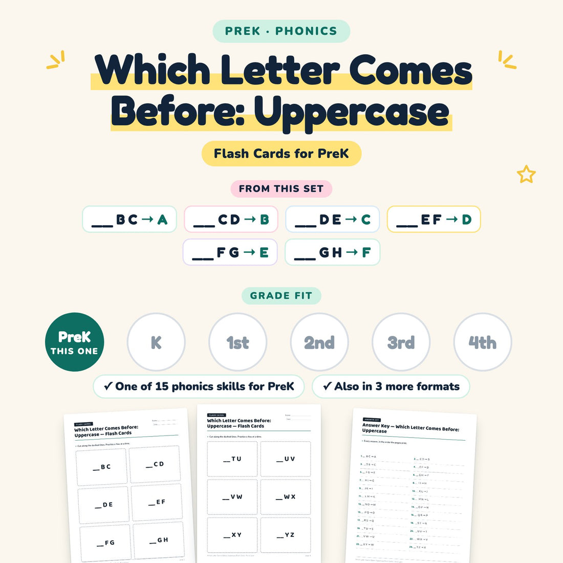 Which Letter Comes Before: Uppercase: skill and grade fit