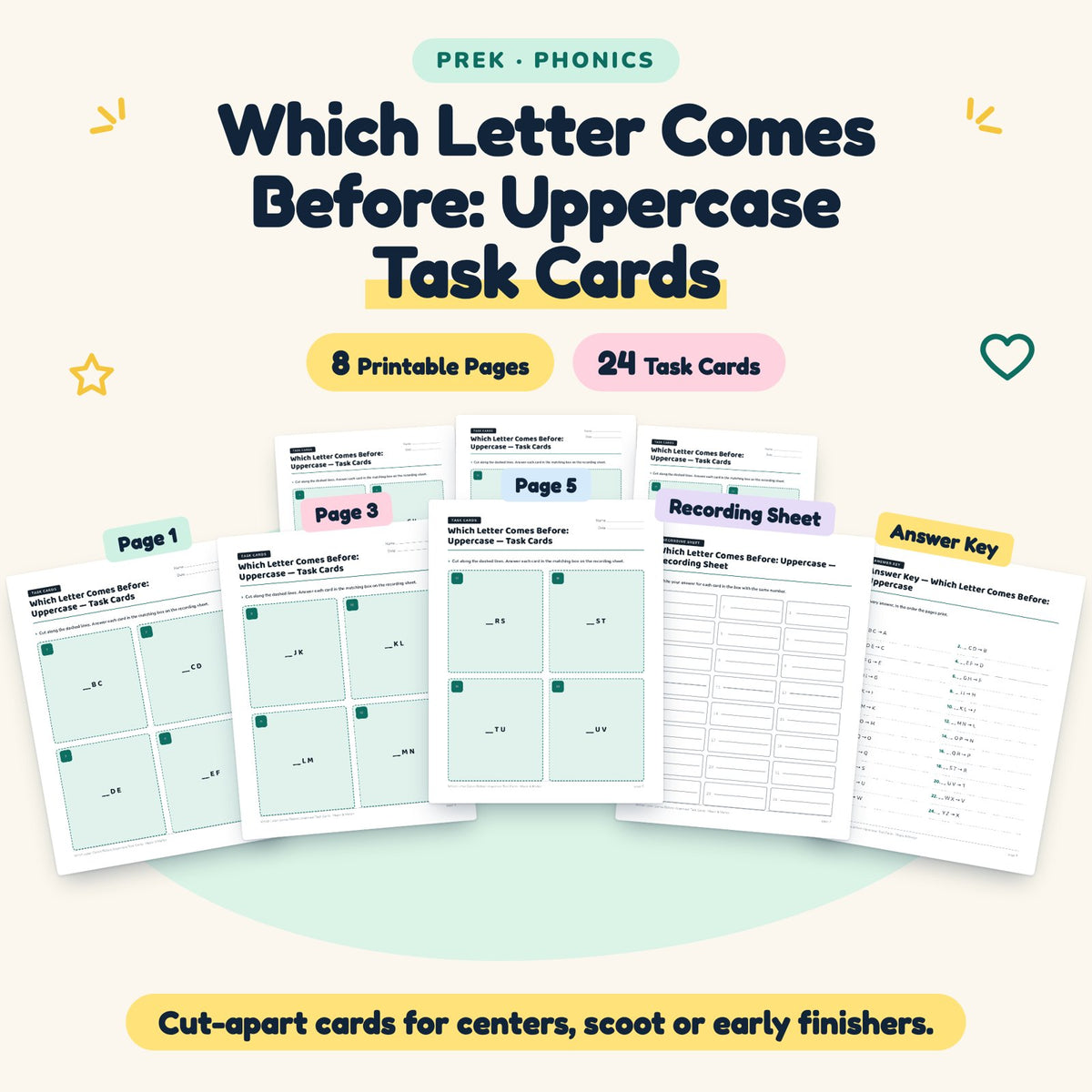 Which Letter Comes Before: Uppercase Task Cards | Preschool — cover