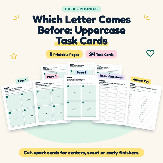Which Letter Comes Before: Uppercase Task Cards | Preschool — cover