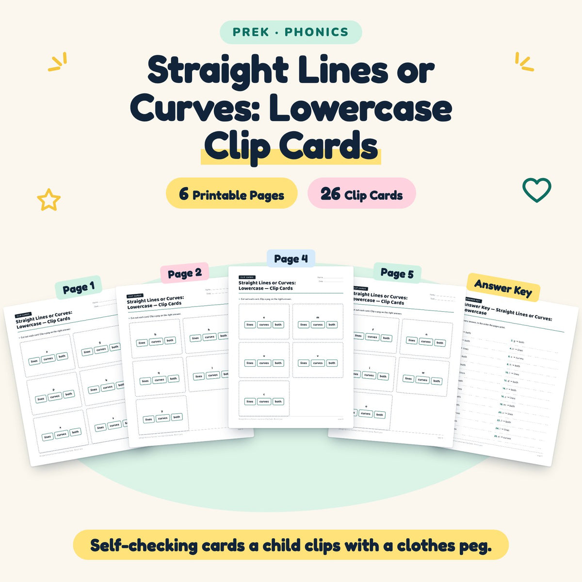 Straight Lines or Curves: Lowercase Clip Cards | Preschool — cover