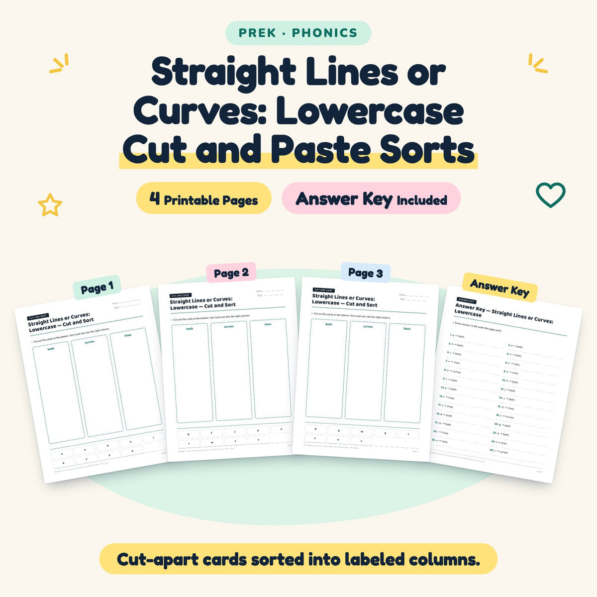Straight Lines or Curves Cut and Paste Sorts | Preschool Phonics — cover