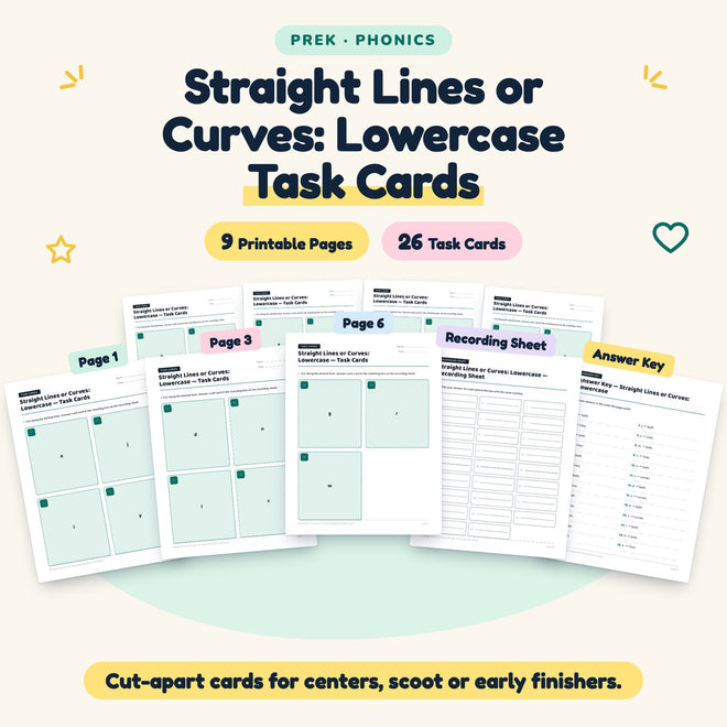 Straight Lines or Curves: Lowercase Task Cards | Preschool — cover