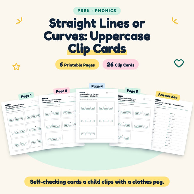Straight Lines or Curves: Uppercase Clip Cards | Preschool — cover