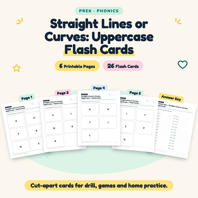 Straight Lines or Curves: Uppercase Flash Cards | Preschool — cover