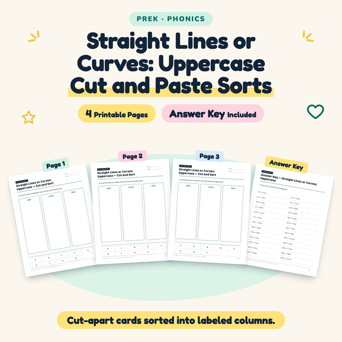 Straight Lines or Curves Cut and Paste Sorts | Preschool (4 Pages) — cover
