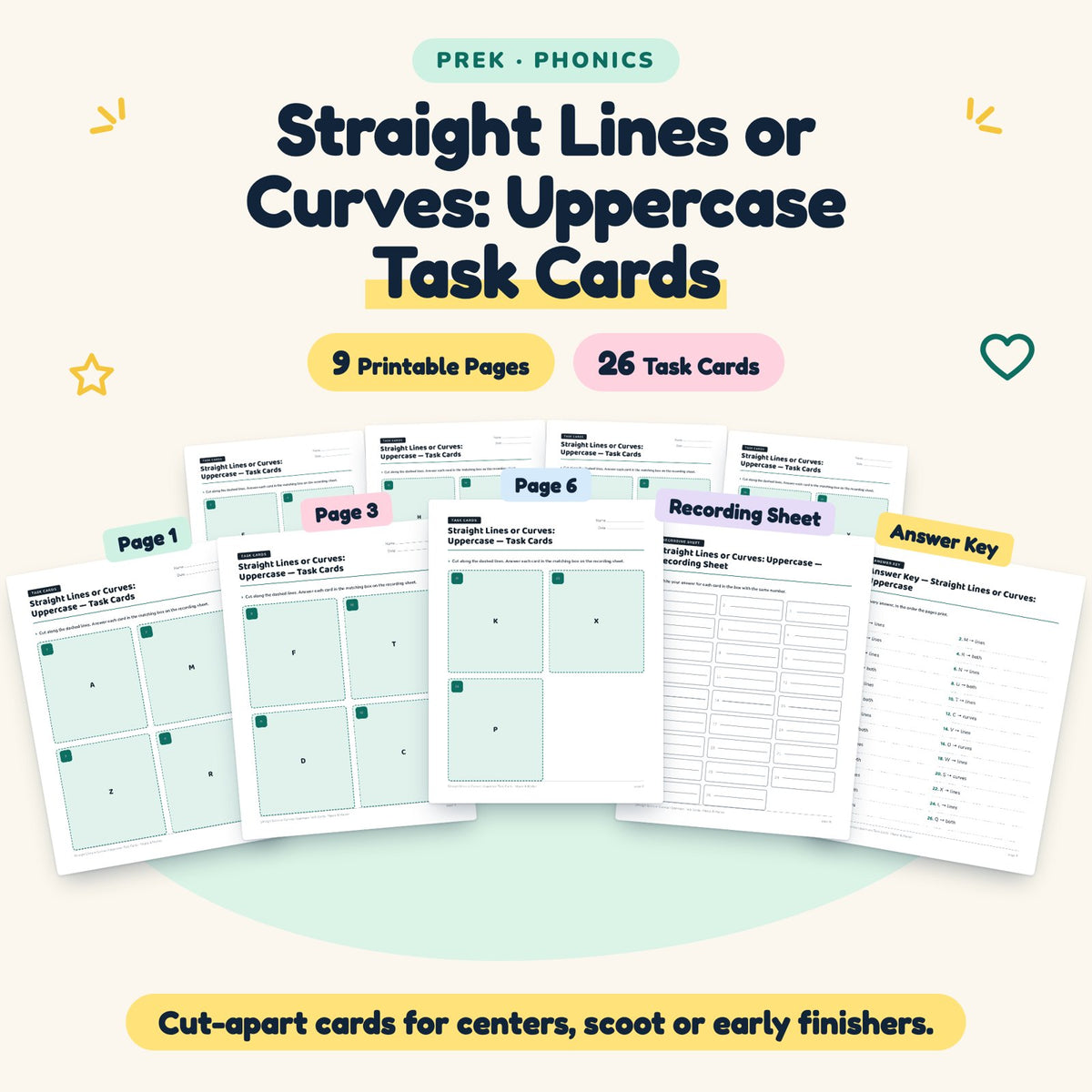 Straight Lines or Curves: Uppercase Task Cards | Preschool — cover