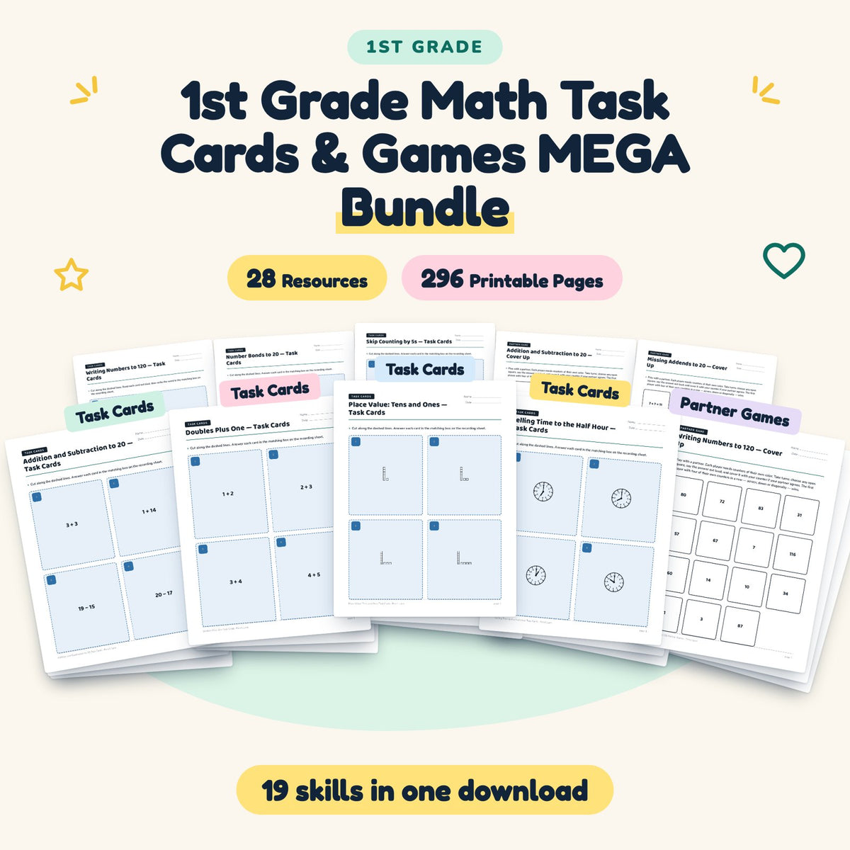 1st Grade Math Task Cards & Games MEGA BUNDLE (28 Resources) — cover