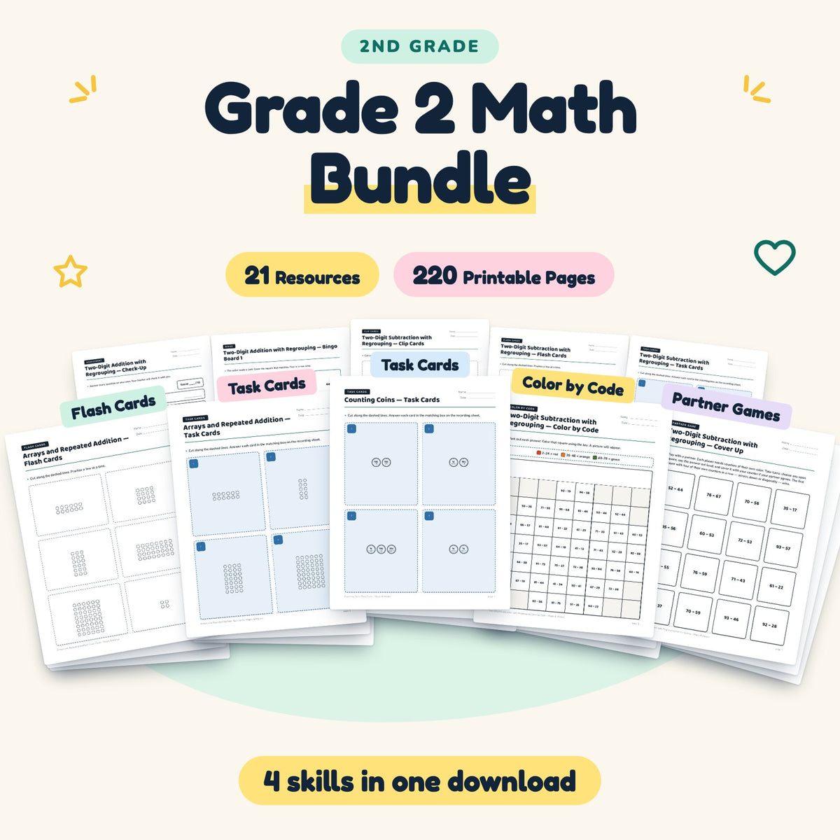 2nd Grade Math Worksheets MEGA BUNDLE (21 Resources) — cover
