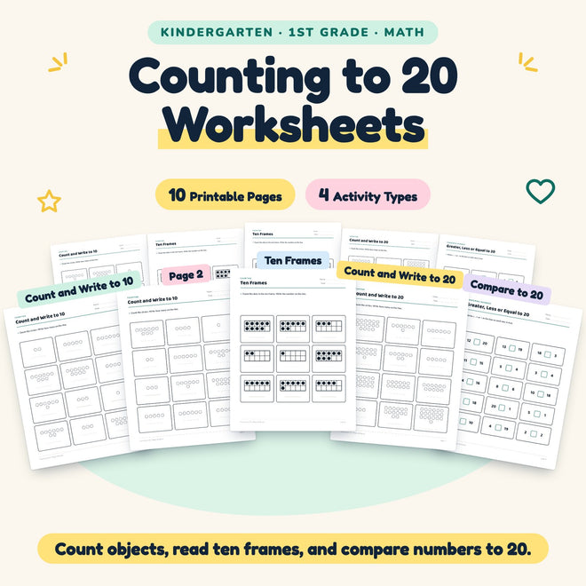 Counting to 20 Worksheets | K–1st Grade Math (10 Pages) — cover