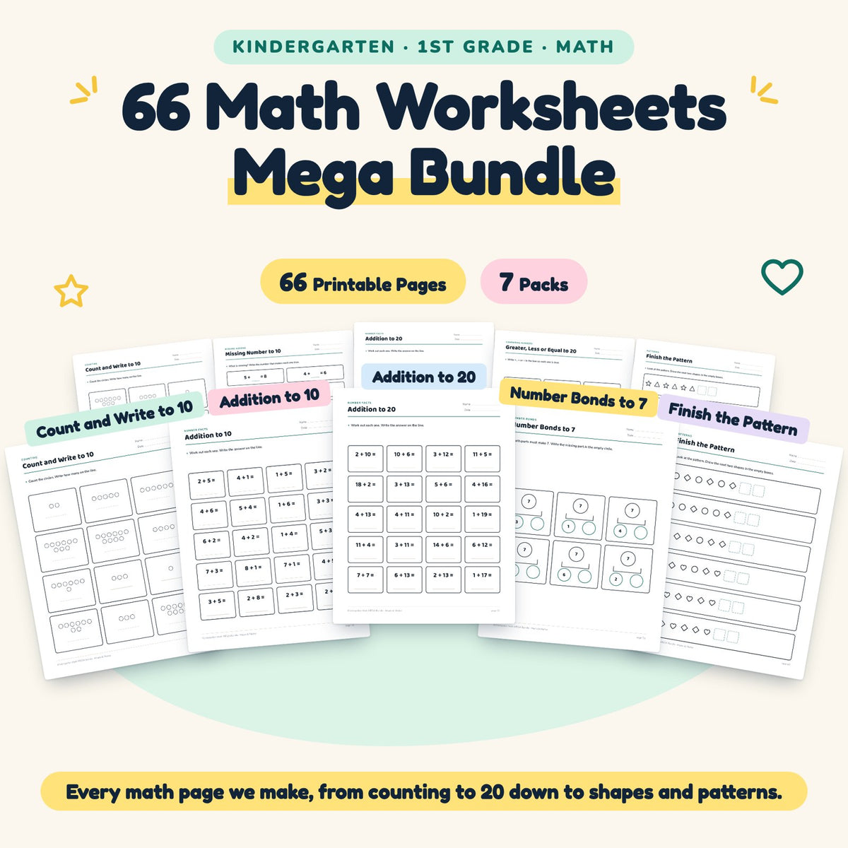 Kindergarten Math Worksheets Bundle (66 Pages) — cover