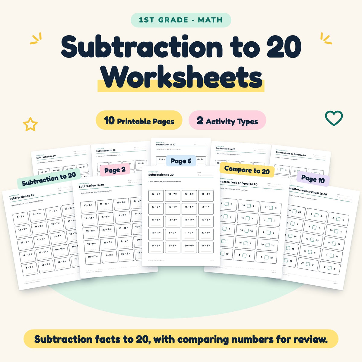 Subtraction to 20 Worksheets | 1st Grade Math (10 Pages) — cover