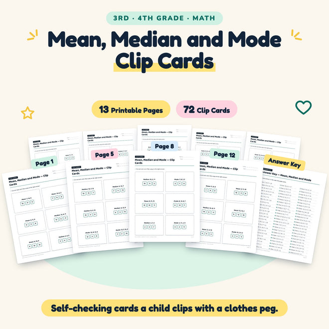 Mean, Median and Mode Clip Cards | 3rd–4th Grade (72 Cards) — cover