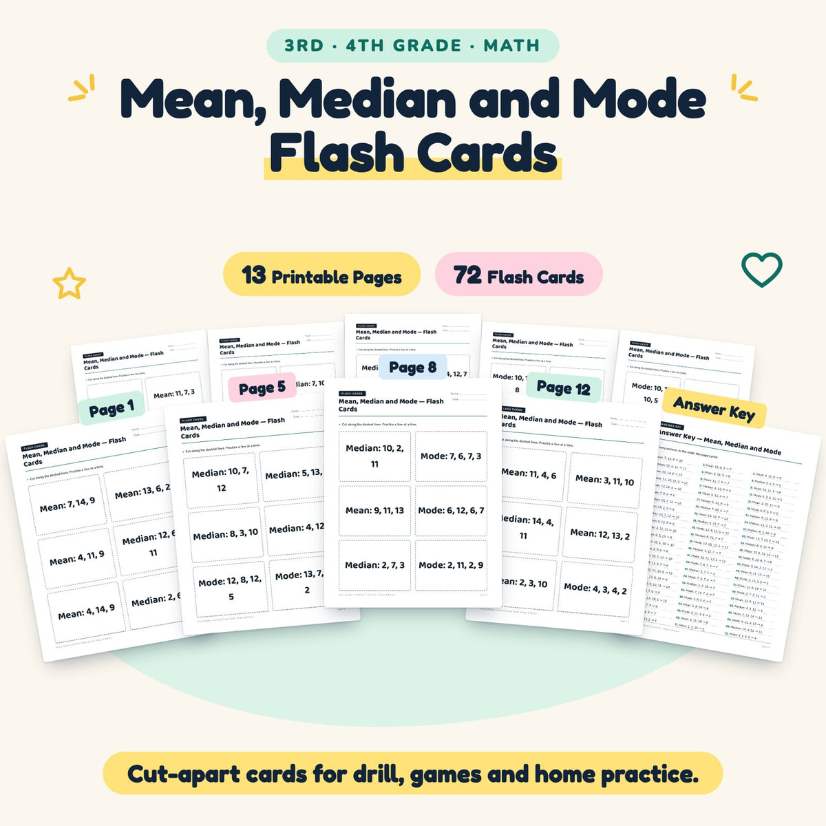 Mean, Median and Mode Flash Cards | 3rd–4th Grade (72 Cards) — cover