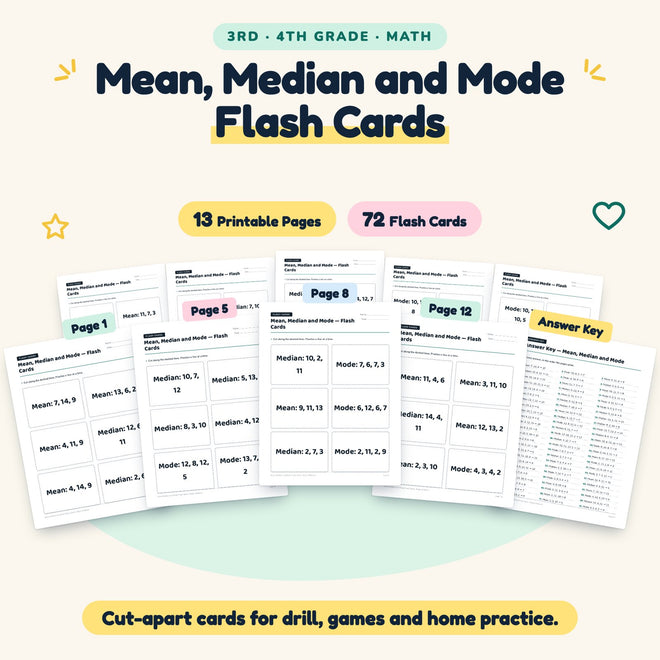 Mean, Median and Mode Flash Cards | 3rd–4th Grade (72 Cards) — cover