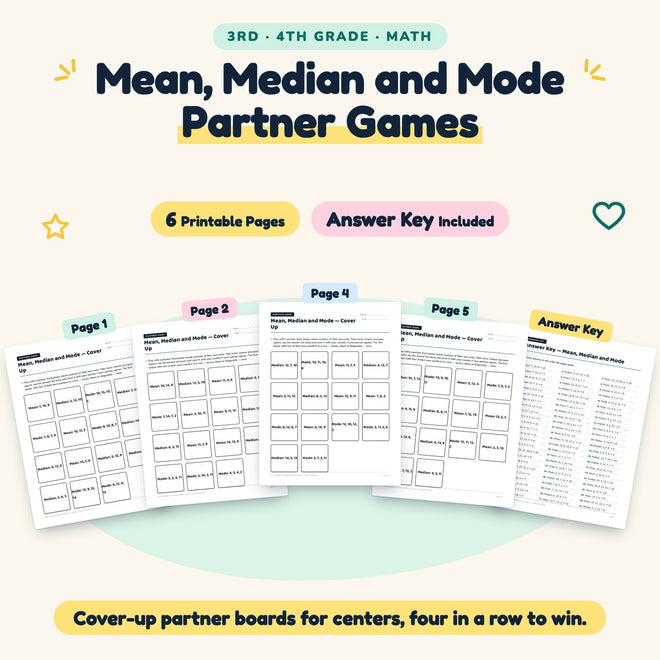 Mean, Median and Mode Partner Games | 3rd–4th Grade Math — cover
