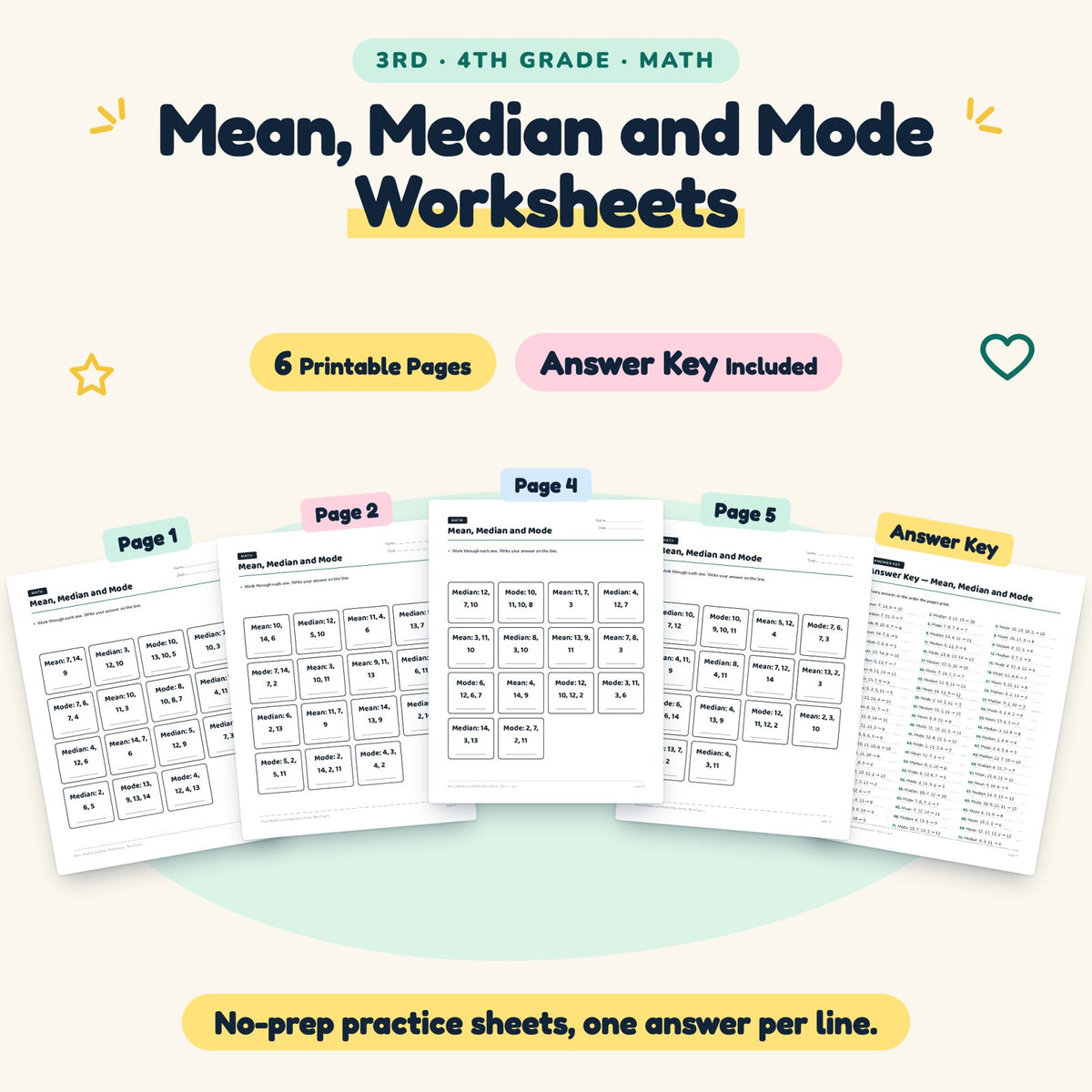 Mean, Median and Mode Worksheets | 3rd–4th Grade (6 Pages) — cover