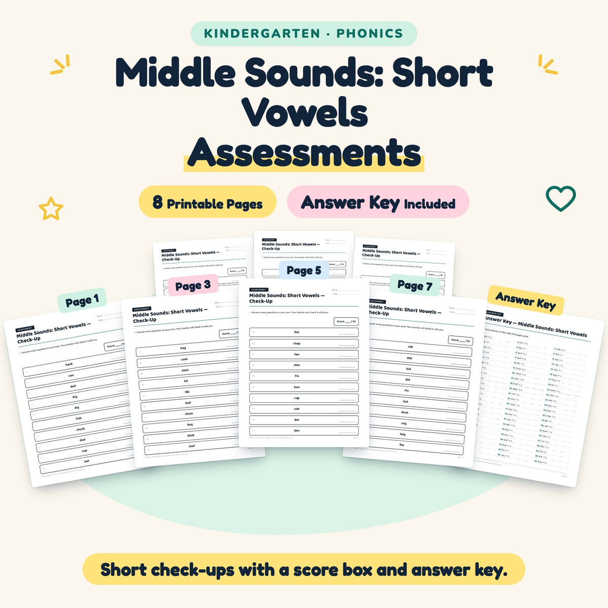 Middle Sounds Assessments | Kindergarten Phonics (7 Pages) — cover