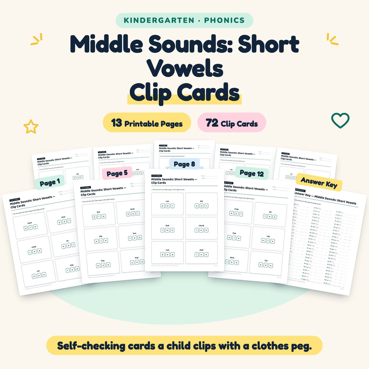 Middle Sounds Clip Cards | Kindergarten Phonics (72 Cards) — cover