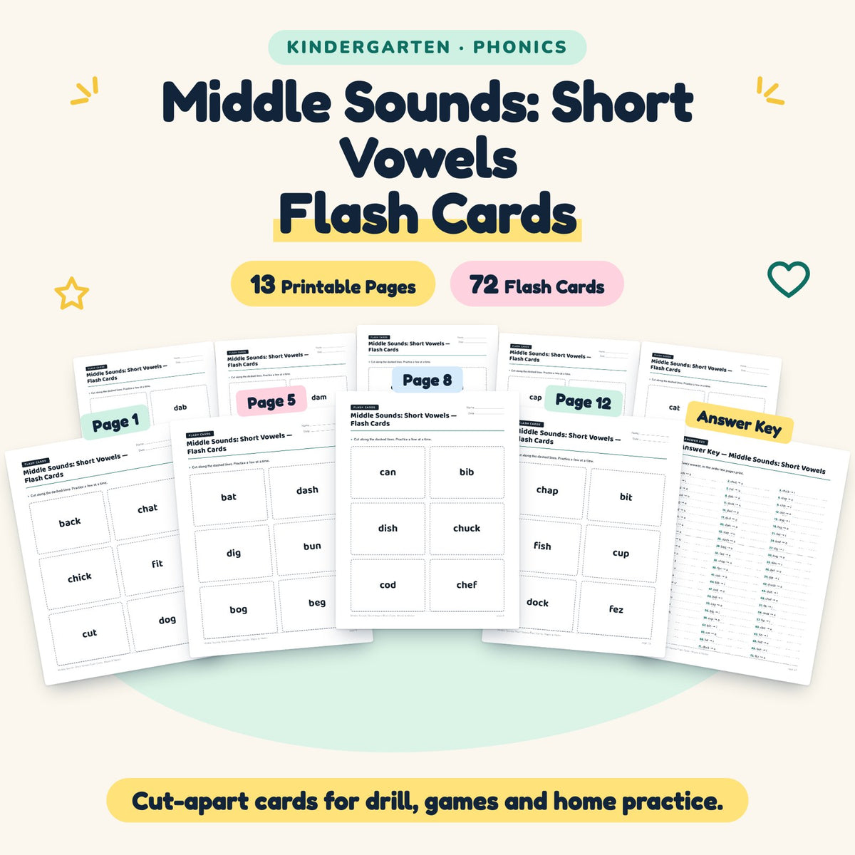 Middle Sounds Flash Cards | Kindergarten Phonics (72 Cards) — cover