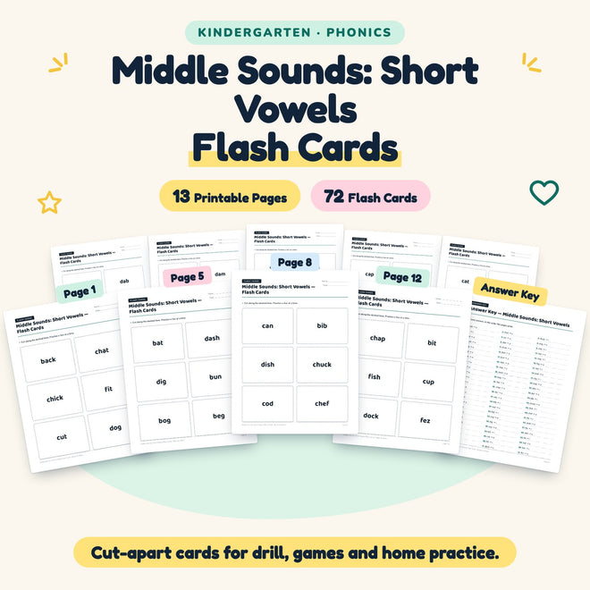 Middle Sounds Flash Cards | Kindergarten Phonics (72 Cards) — cover
