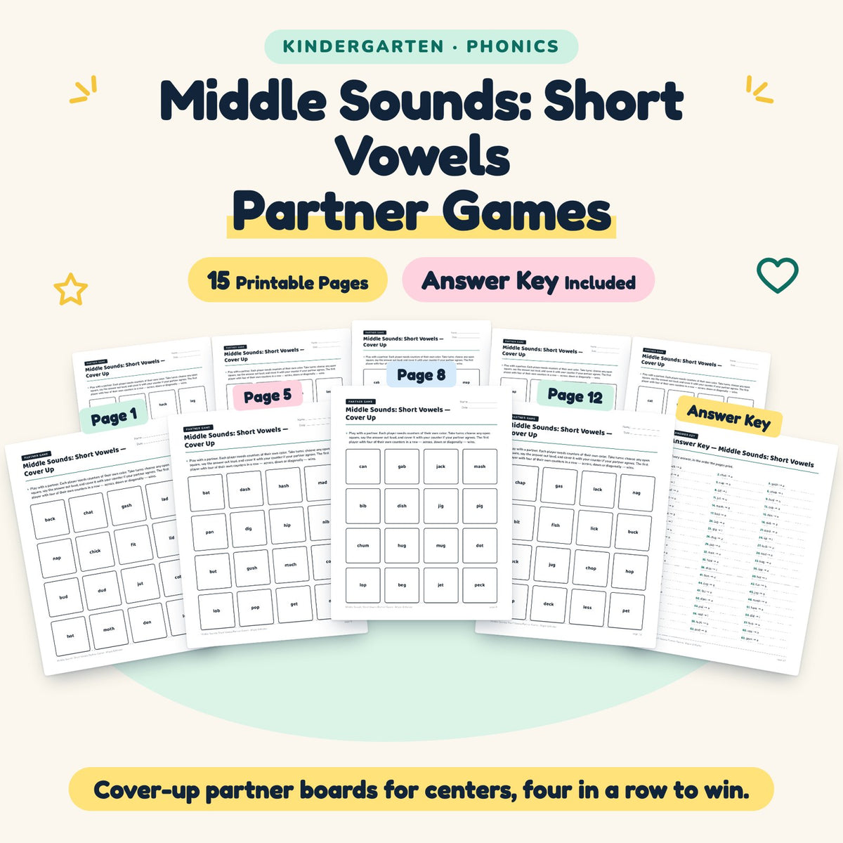 Middle Sounds Partner Games | Kindergarten (14 Pages) — cover