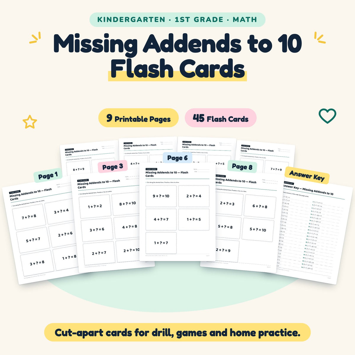 Missing Addends to 10 Flash Cards | K–1st Grade (45 Cards) — cover