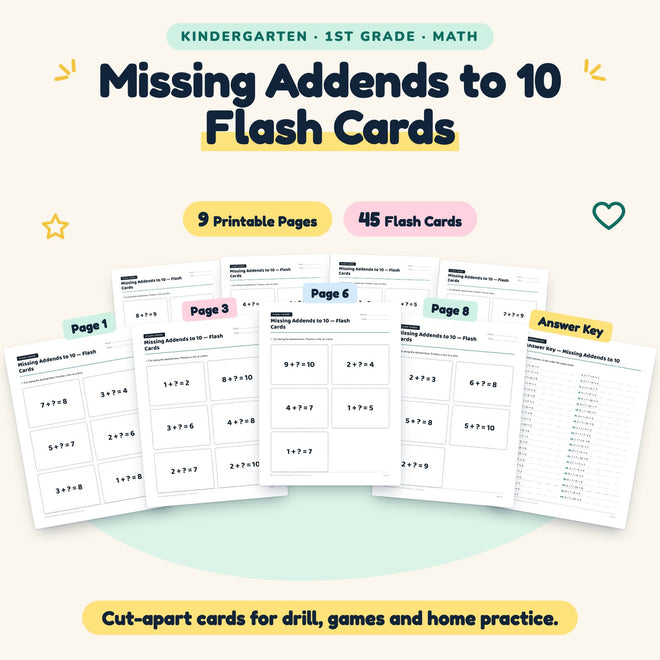 Missing Addends to 10 Flash Cards | K–1st Grade (45 Cards) — cover