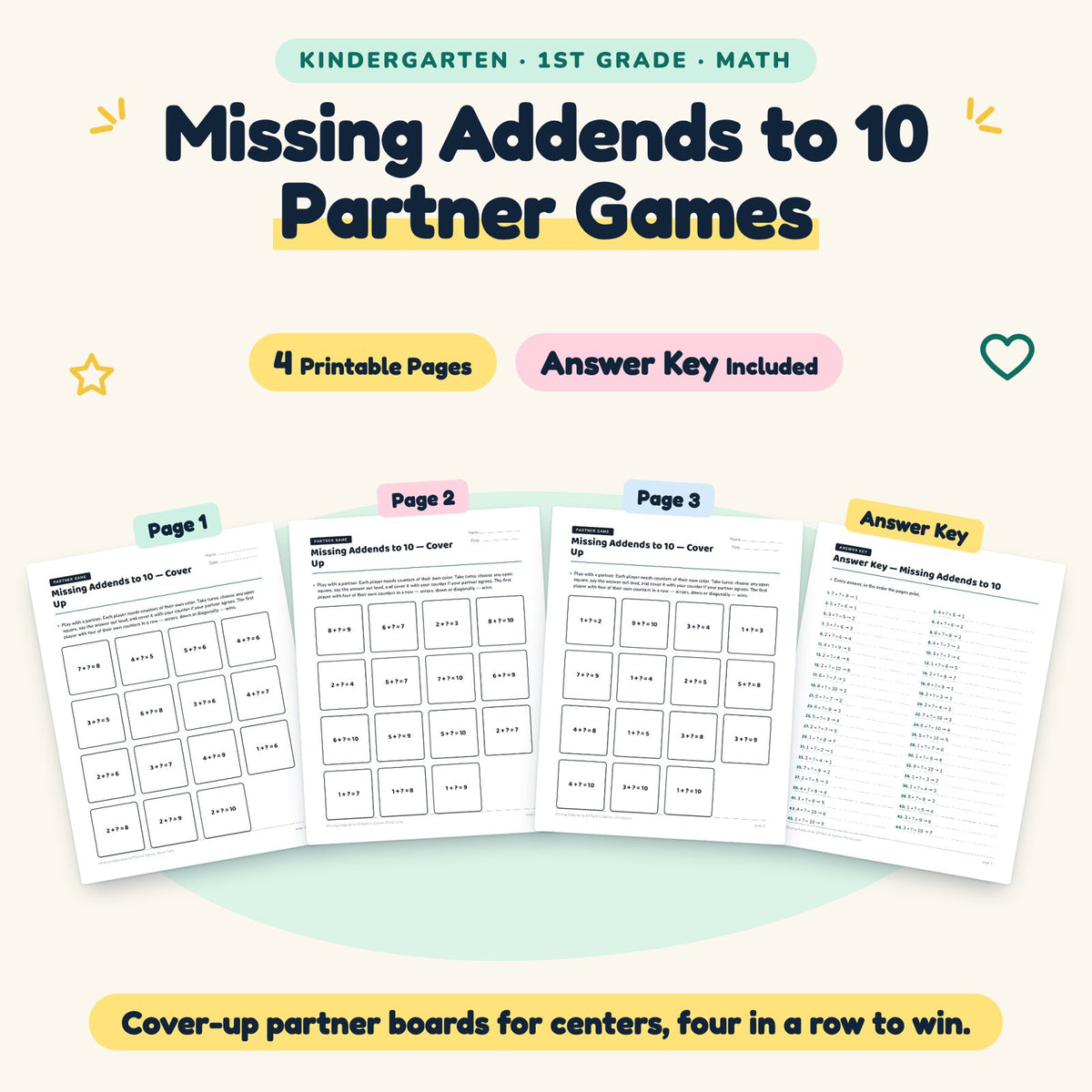 Missing Addends to 10 Partner Games | K–1st Grade (4 Pages) — cover