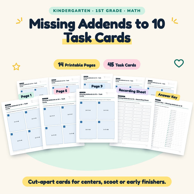 Missing Addends to 10 Task Cards | K–1st Grade (45 Cards) — cover
