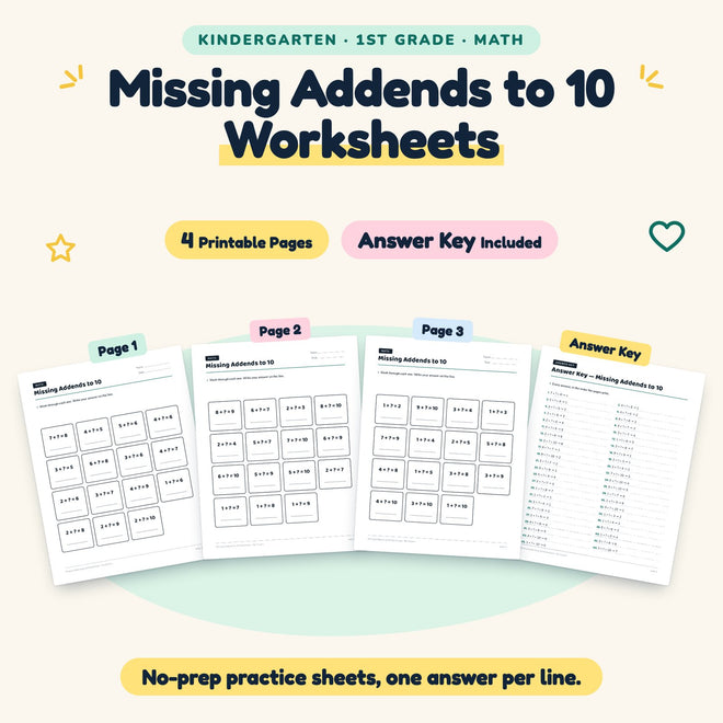 Missing Addends to 10 Worksheets | K–1st Grade (4 Pages) — cover