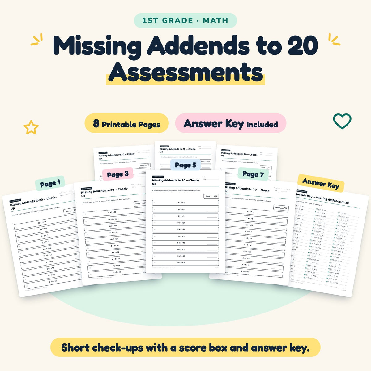 Missing Addends to 20 Assessments | 1st Grade Math (7 Pages) — cover