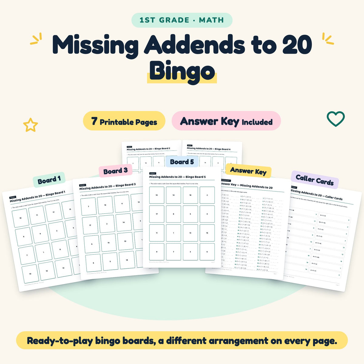 Missing Addends to 20 Bingo | 1st Grade Math (7 Pages) — cover