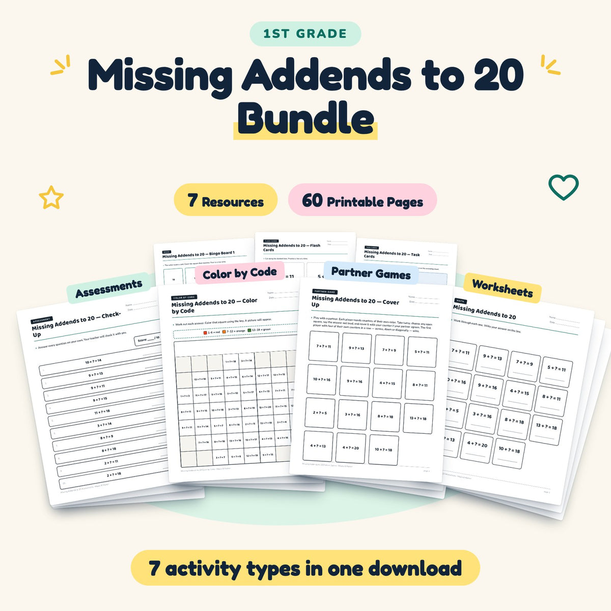 Missing Addends to 20 Bundle | 1st Grade Math (7 Resources) — cover